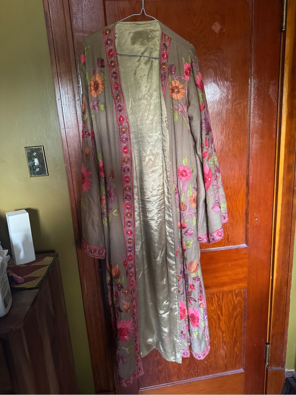 Long Embroidered Floral Kimono Robe in Taupe with Pink & Orange Accents